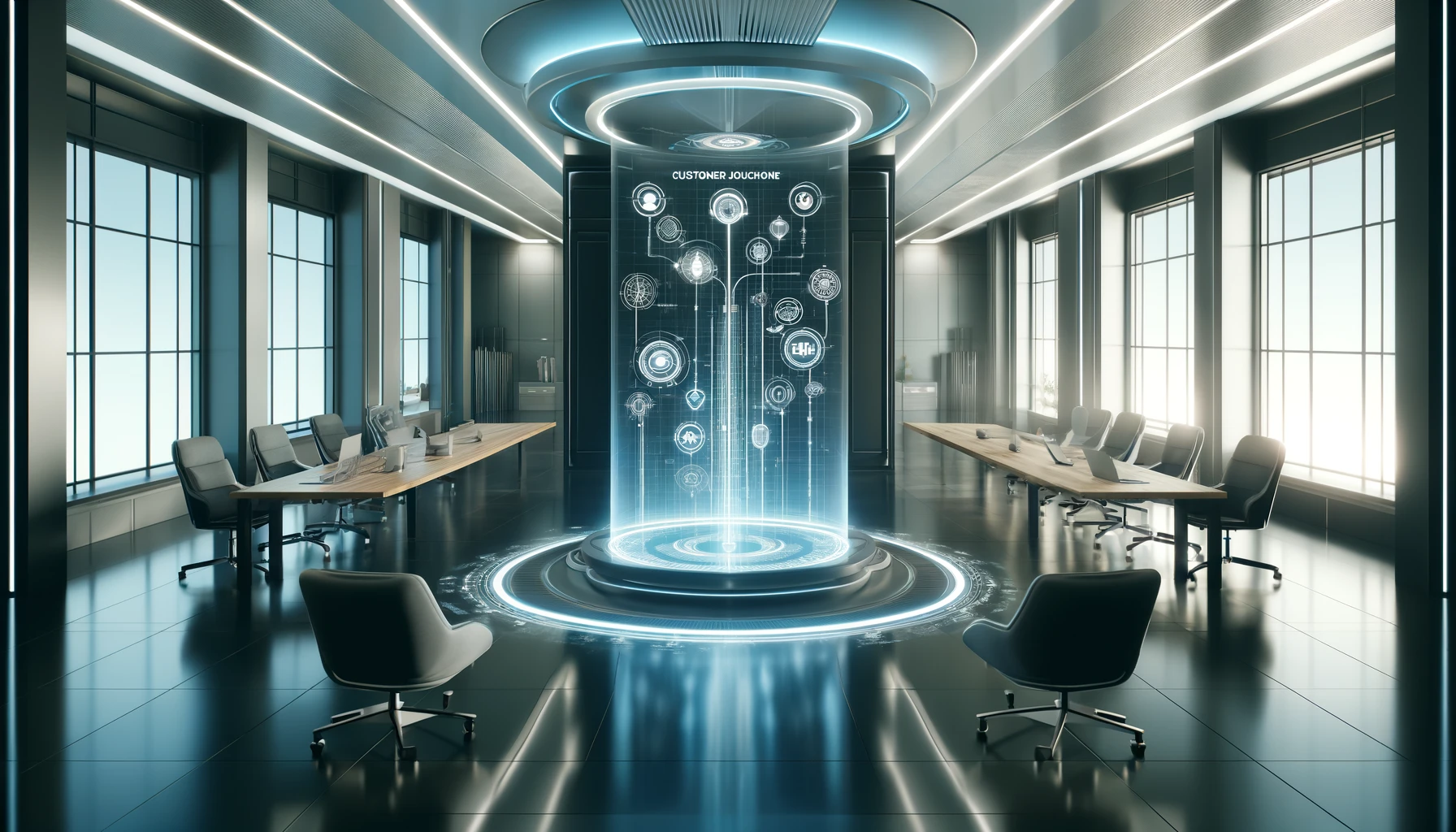 Modern and abstract office environment with a holographic display of a customer journey map, emphasizing strategic planning and innovation in customer touchpoints. The room features sleek, minimalist design and advanced technology, suitable for a business blog on CX prioritization.
