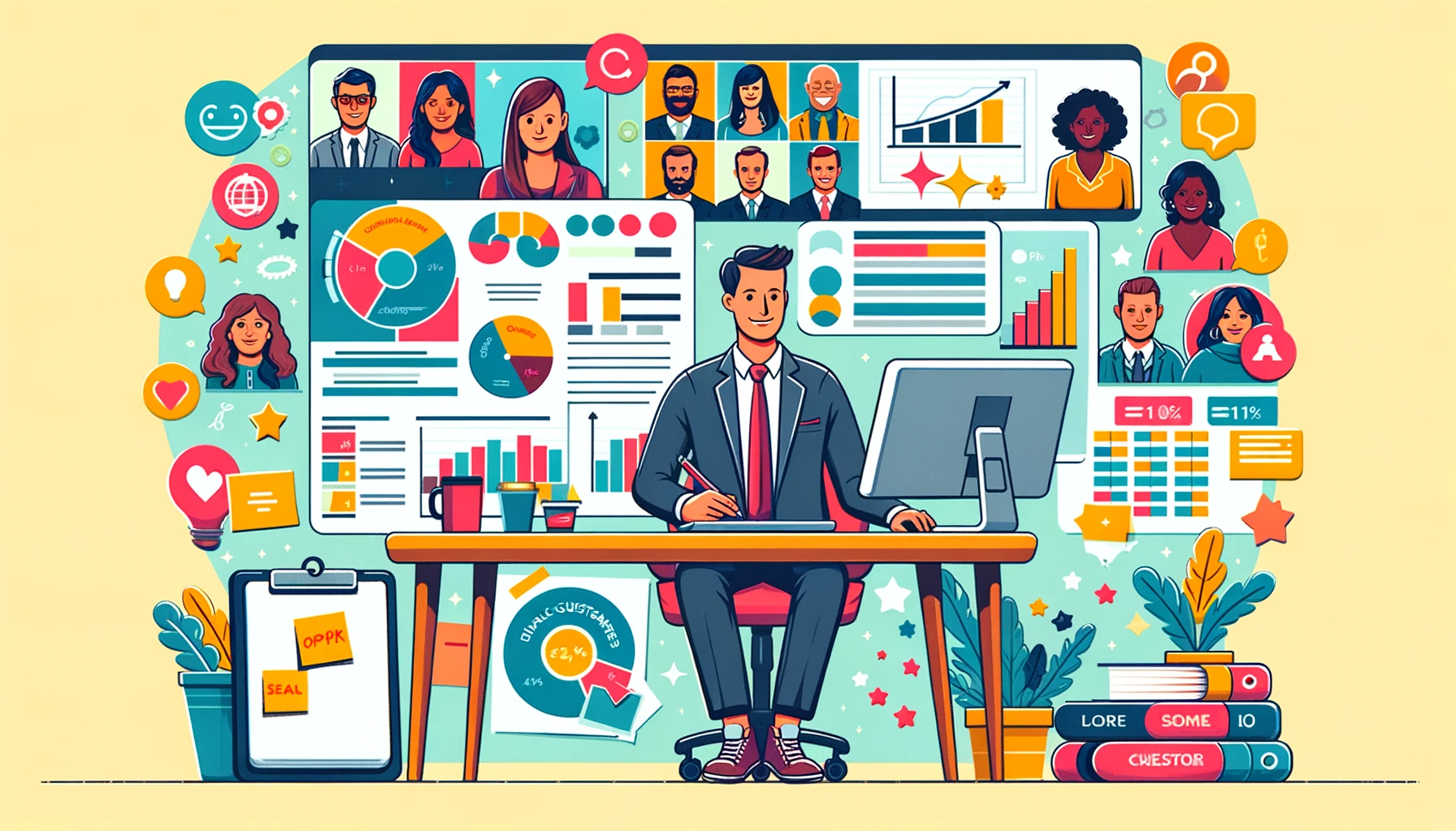 An illustration of a small business owner analyzing customer data to identify ideal customers. The background features diverse customer avatars representing different demographics, interests, and behaviors, highlighting community-driven branding and community engagement.