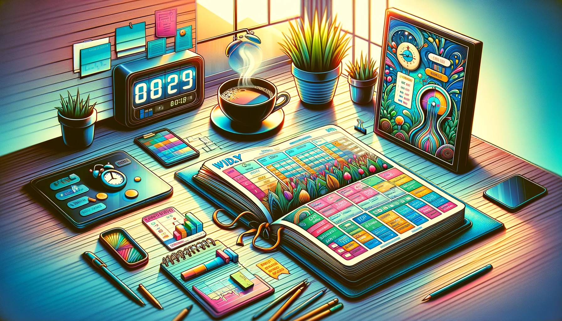 Artistic depiction of a peaceful office workspace with a daily planner organized into time blocks, a digital clock showing an early morning hour, a cup of coffee, and a small plant. This image represents time management for entrepreneurs, emphasizing productivity strategies and entrepreneur efficiency in a structured and motivational environment.