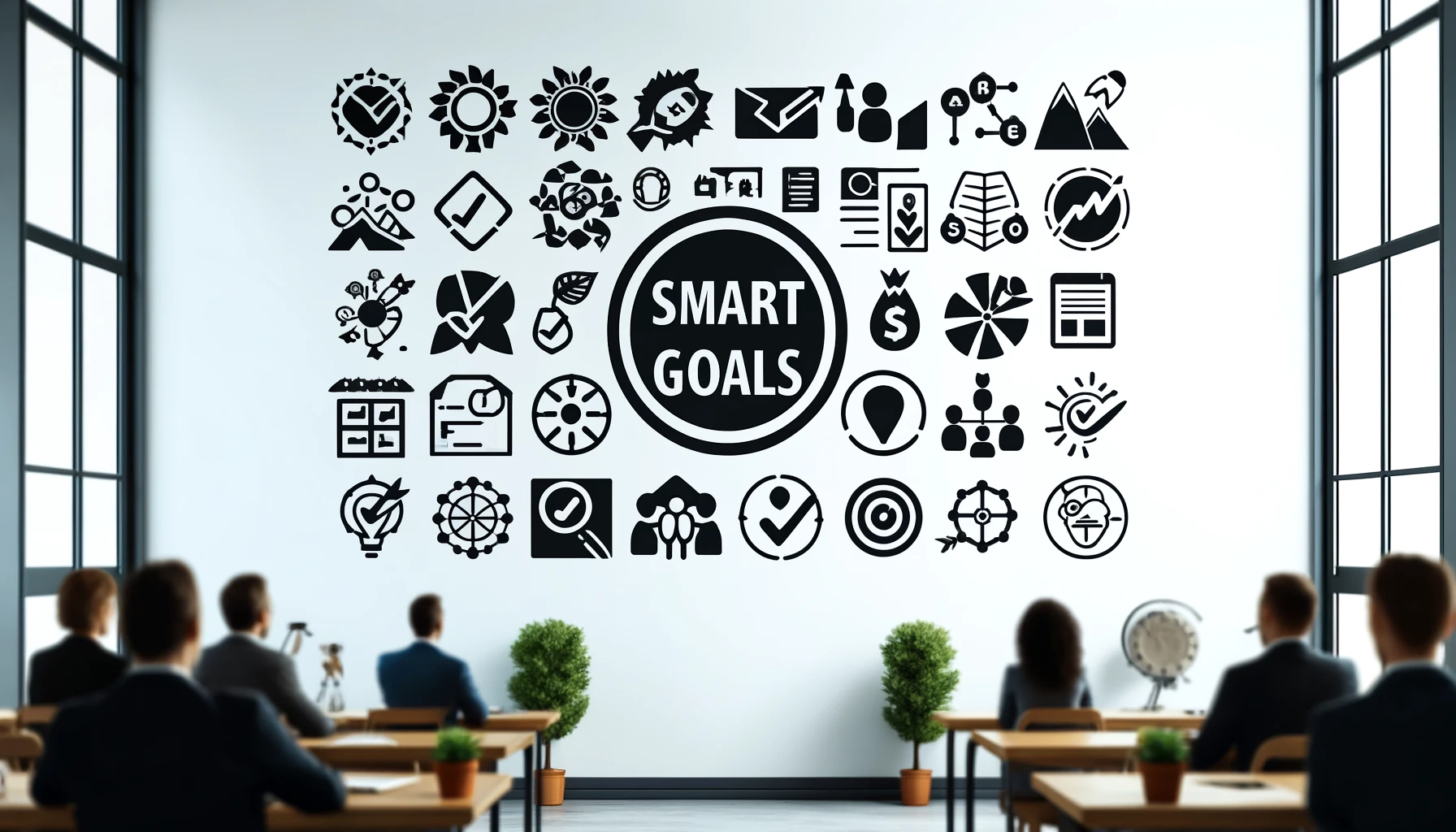 An image illustrating the concept of setting SMART goals using simple and recognizable icons. The icons represent the elements of Specific, Measurable, Achievable, Relevant, and Time-bound goals, effectively conveying the idea of time management for entrepreneurs and productivity strategies for entrepreneur efficiency.