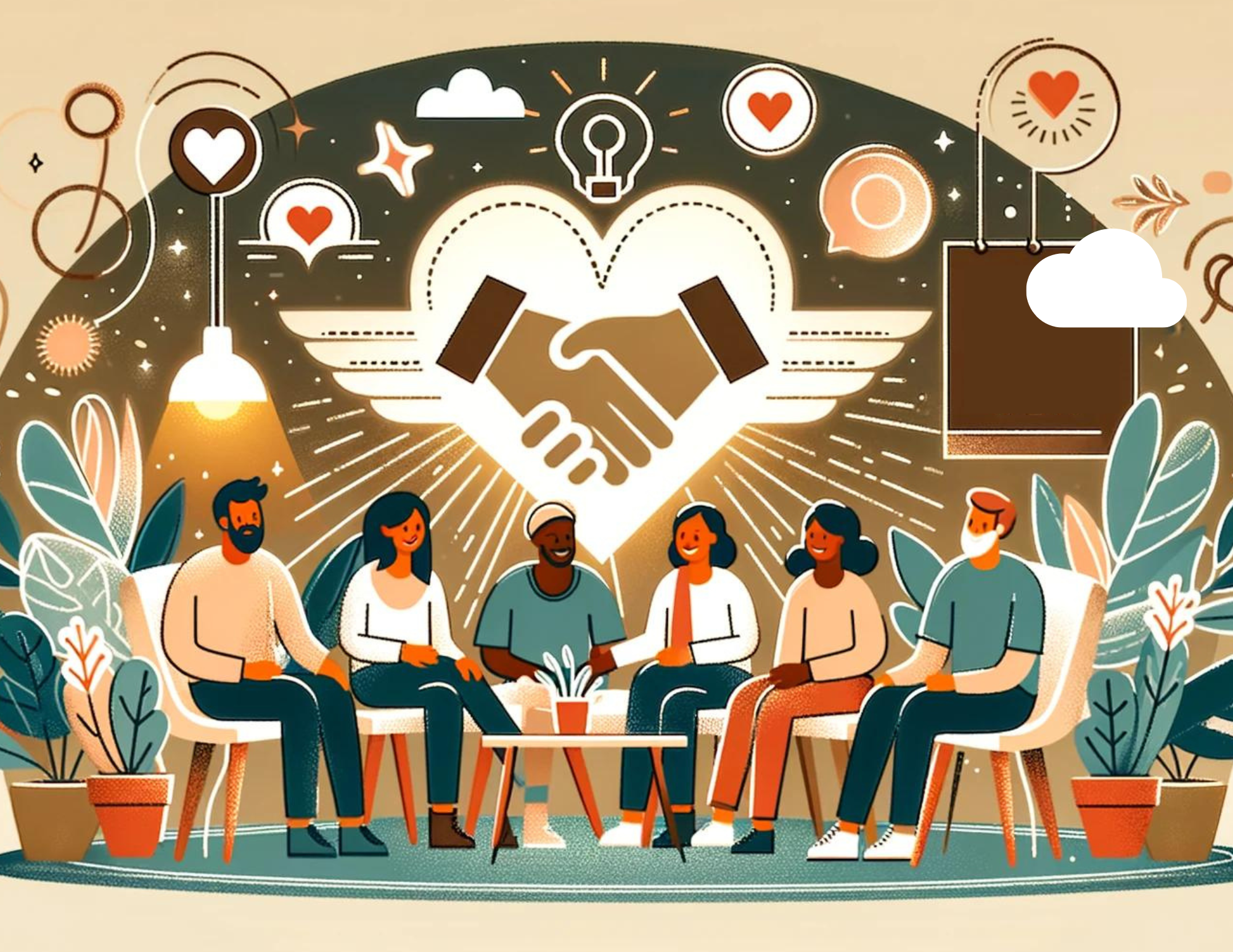 An illustration of a diverse group of people happily interacting in a warm, inviting space that symbolizes a strong sense of belonging. They are sitting in a circle, sharing ideas, and engaging in friendly conversation. The background features cozy elements like plants, soft lighting, and a banner with the brand logo, highlighting the importance of fostering a sense of belonging in community-driven branding.