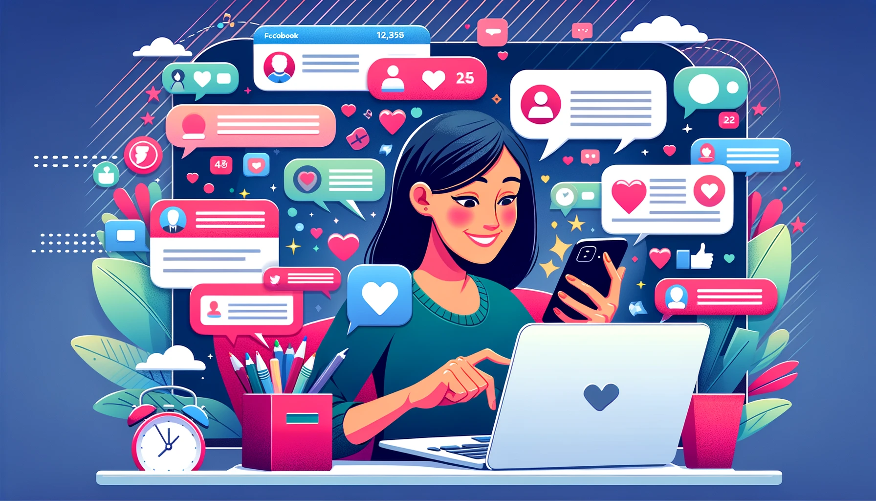 An illustration of a small business owner actively engaging with followers on social media. The scene includes a smartphone and laptop displaying social media apps with notifications, comments, and likes. The business owner is smiling and typing a response, surrounded by icons of hearts, thumbs up, and speech bubbles, highlighting the importance of social media engagement in community-driven branding.
