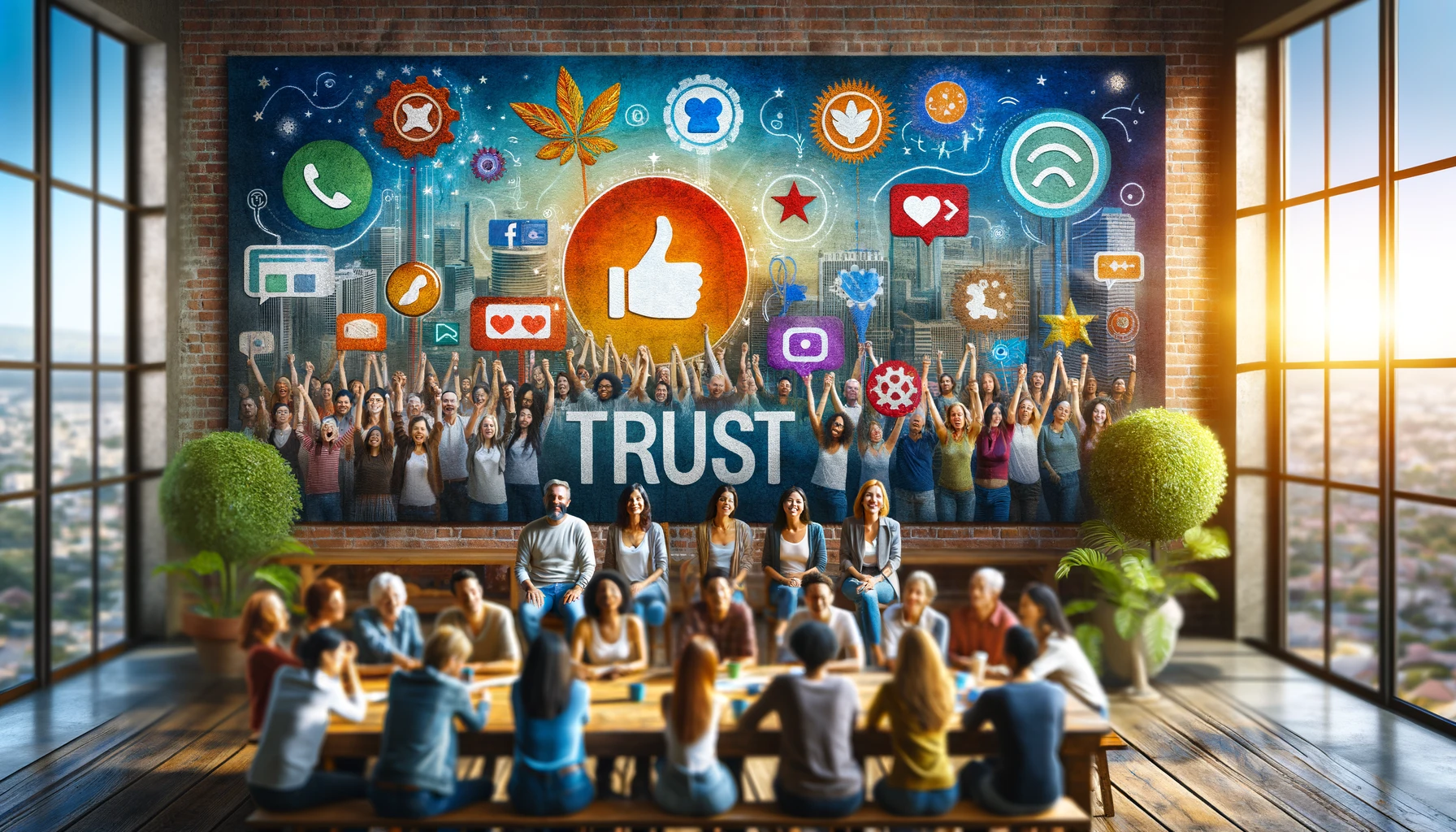 A vibrant and welcoming image depicting diverse customers sharing positive experiences with a brand through user-generated content, including social media posts, reviews, and photos, highlighting the impact of UGC on brand trust and authenticity in marketing.