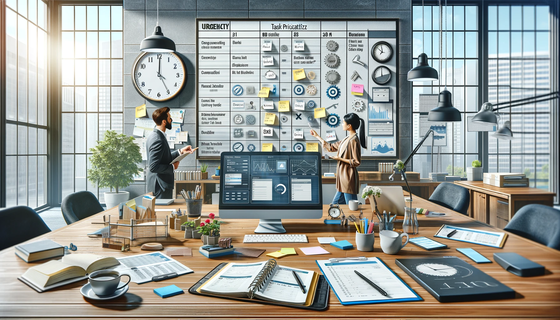 An office scene depicting time management for entrepreneurs focused on productivity strategies. Features a cluttered desk with a laptop displaying a to-do list, sticky notes, and a digital calendar with deadlines. A whiteboard lists tasks by urgency, and a wall clock indicates the time, symbolizing entrepreneur efficiency. Two people, a man and a woman, actively discuss and organize their tasks, embodying collaboration and effective time management in a sunny, well-organized workspace.