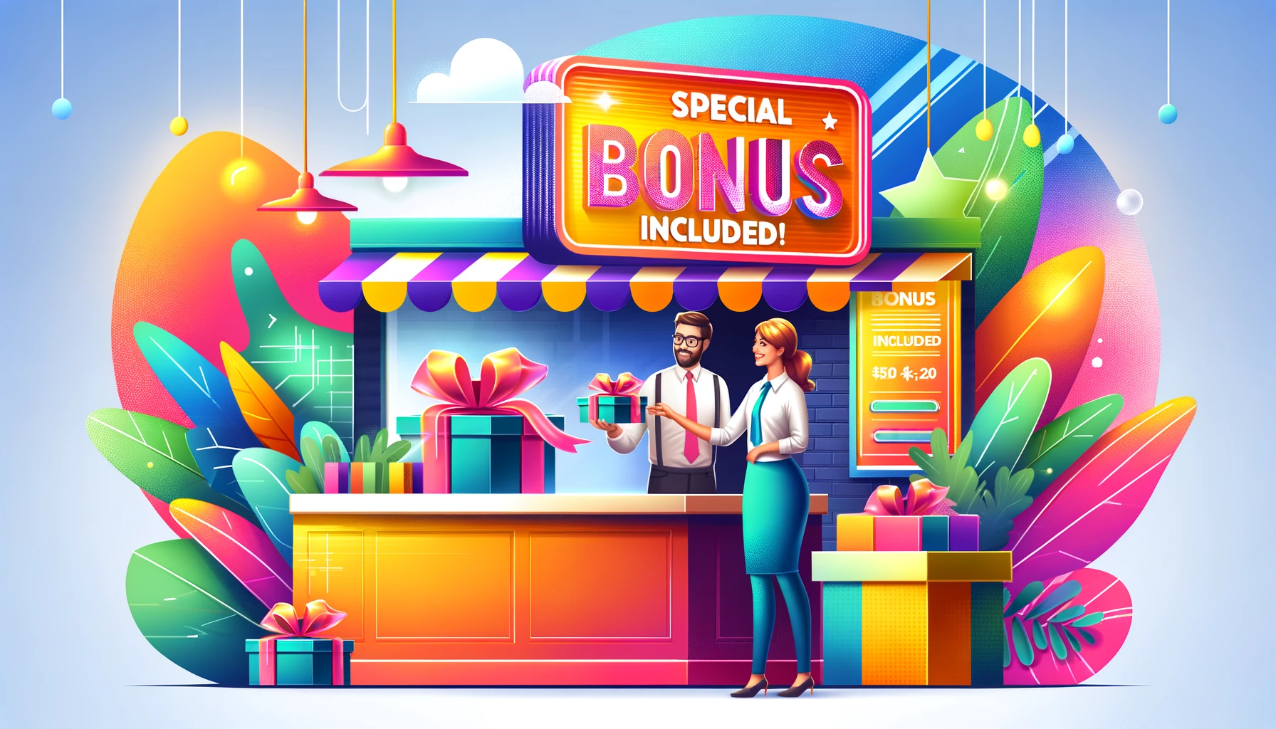 Stylized illustration of a vibrant business setting where a salesperson hands a bonus gift box to a customer, under a 'Special Bonus Included!' banner, depicting the effective use of bonuses and incentives for conversion tactics.