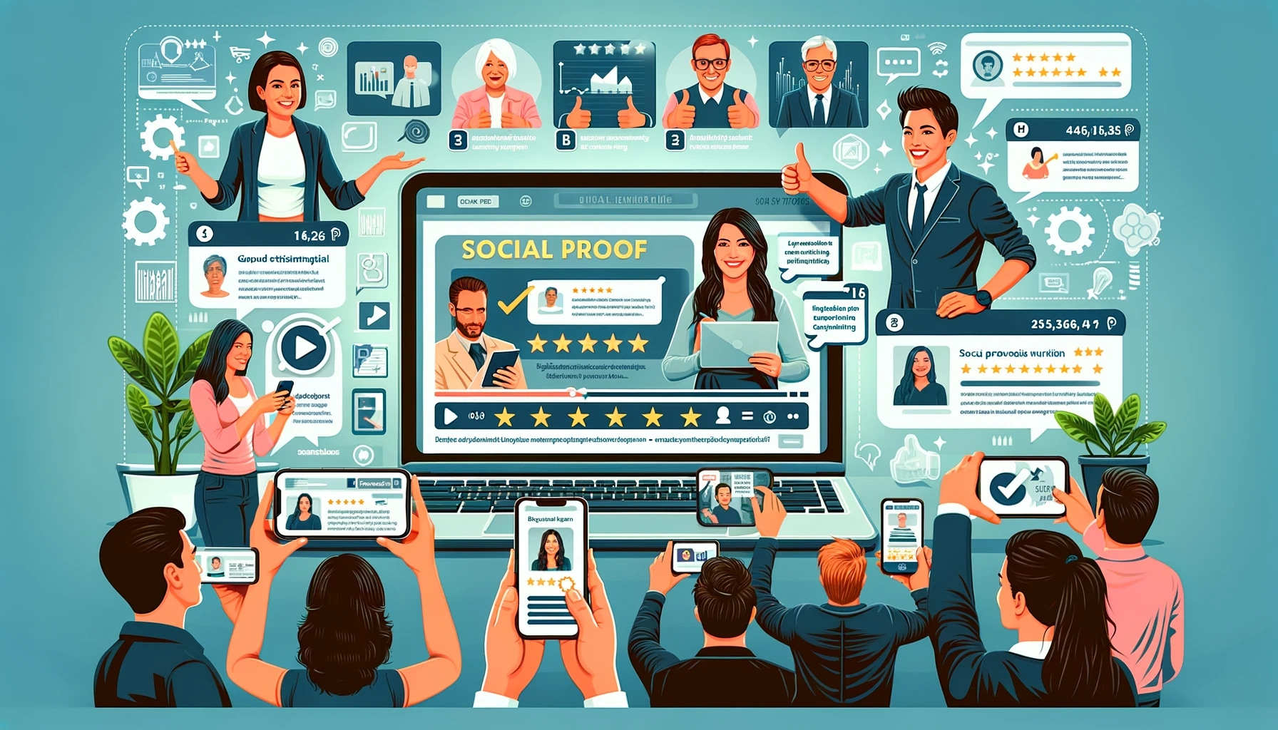 An informative wide image showcasing six types of social proof in business marketing: 1) A customer providing a video testimonial on a laptop, 2) People checking online reviews on smartphones, 3) An industry expert endorsing with a thumbs up, 4) A celebrity endorsing a product, 5) Users creating social media posts with a product, 6) An infographic of a case study. Each section is designed to enhance credibility and trust-building in social proof marketing strategies.