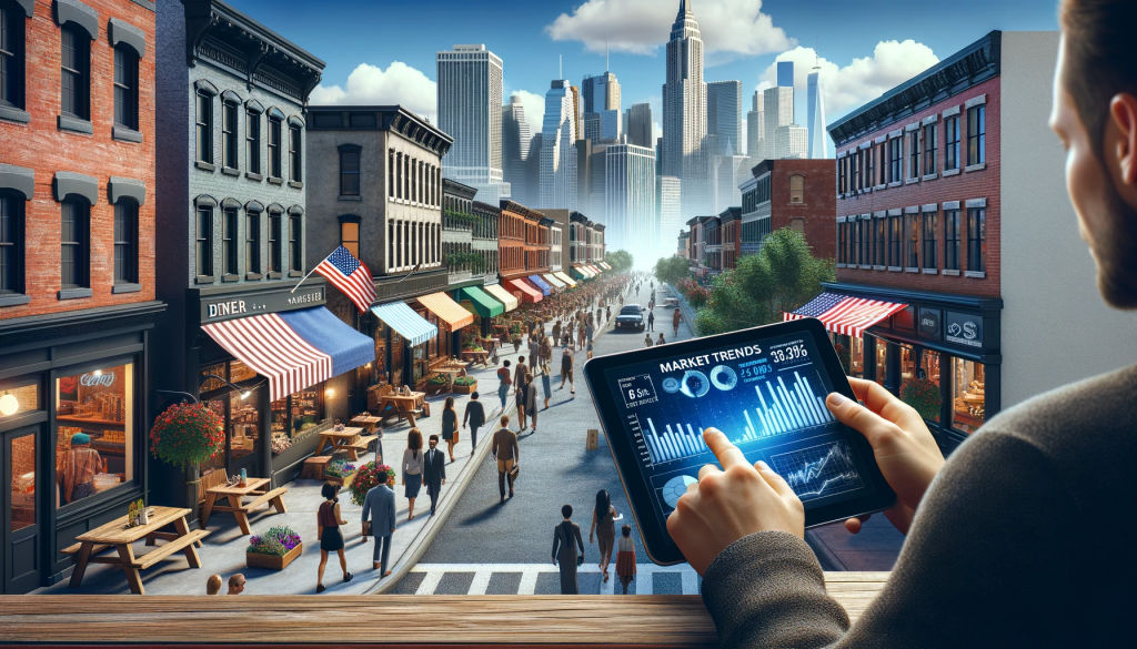 A bustling American city street in 2024, lined with small businesses like a classic diner and a tech startup, where a casually dressed business owner analyzes market data on a tablet, symbolizing the importance of market analysis and business trends.