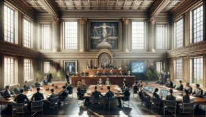 A panoramic image showcasing a modern courtroom scene, symbolizing business law and compliance strategy. The setting includes a group of professionals in business attire, engaged in discussions around a polished wooden table, with documents and digital devices displaying legal texts and graphs. A digital scale of justice is prominently displayed above, emphasizing fairness and balance. The walls are decorated with framed pictures of historical legal figures and landmark documents, highlighting the importance of law and compliance in business practices.