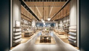 Photorealistic view of a contemporary retail store's floor, showcasing an open layout with stylish shelving, interactive screens, and inviting lighting, embodying advanced retail design for exceptional customer experiences.