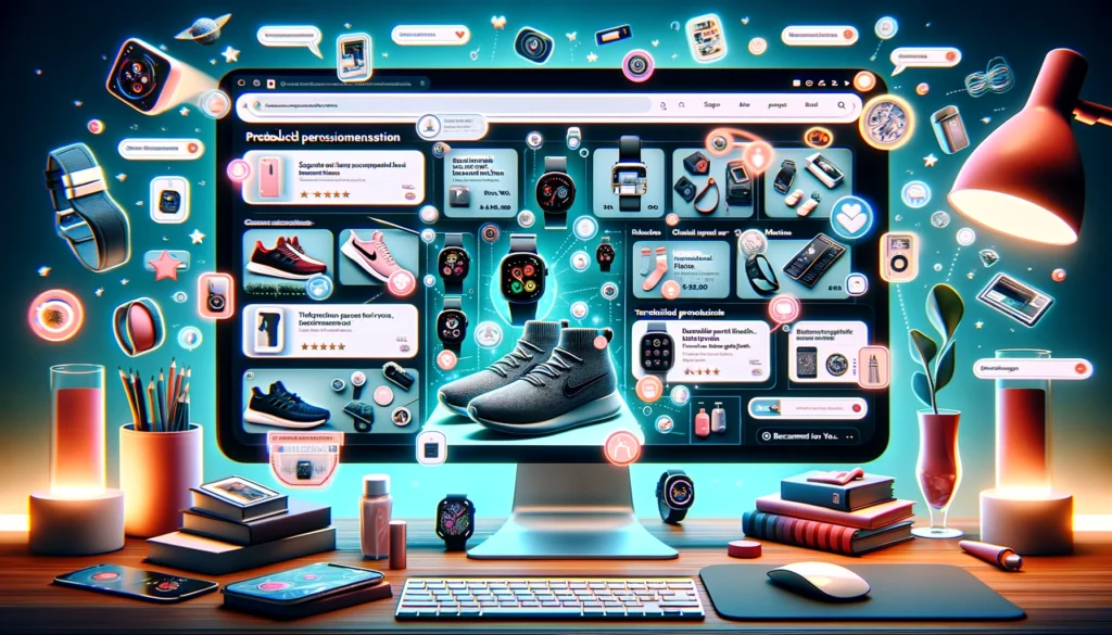 A computer screen displays a vibrant e-commerce website, featuring personalized product recommendations such as electronics and fashion items, enhancing customer engagement through tailored shopping experiences.