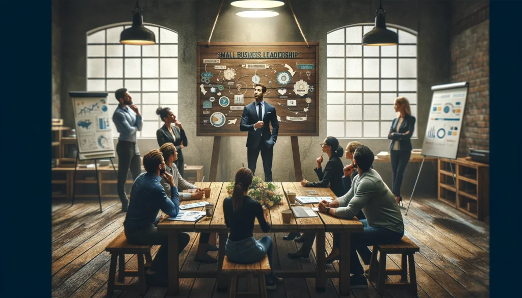 A motivational team meeting in a small business setting, with the owner leading a discussion at the head of a rustic wooden table, gesturing towards a vision board that outlines the business's goals and growth strategies, surrounded by engaged employees actively participating, embodying strong, hands-on leadership.