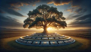 A tranquil, wide panoramic landscape at dusk, featuring a robust ancient oak tree in the center with its branches reaching towards the sky. Below the tree, small stone plaques bear the names of generations of leaders, symbolizing the business legacy and long-term planning. The setting sun casts a warm, golden glow over the scene, highlighting the enduring impact and resilience of a well-nurtured legacy.