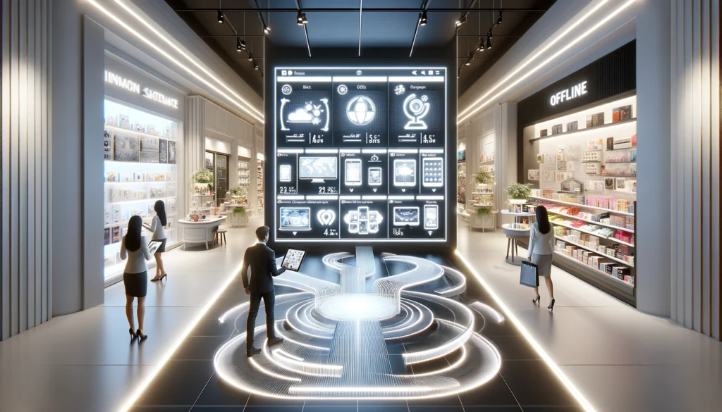 A modern interactive retail environment, highlighting digital engagement through a customer using a touchscreen display for product exploration on one side and conversing with a store employee on the other, illustrating the seamless integration of online and offline shopping experiences.