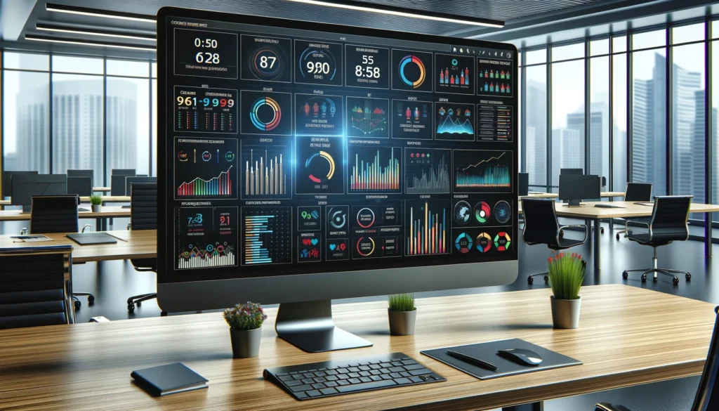A detailed view of a business dashboard focusing on Key Performance Indicators (KPIs) with graphs, charts, and metrics that illustrate data simplification, presenting sales figures, customer feedback, and performance levels in a clear, user-friendly format.