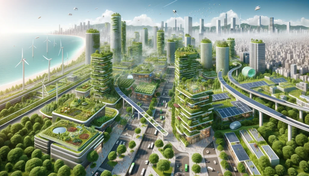 A panoramic view of a futuristic green city exemplifying green business and operational efficiency, featuring vertical gardens, solar panels, and wind turbines integrated into the architecture. Eco-friendly buildings with plant-covered rooftops, electric vehicles, and vibrant public spaces highlight a pollution-free environment. Efficient public transport, including electric buses and solar-powered monorails, emphasizes sustainable urban mobility amidst a thriving, nature-harmonized cityscape.