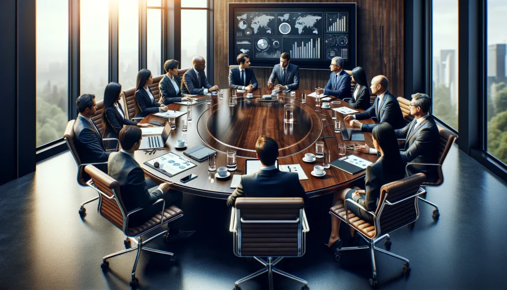 A wide, photo-realistic image of a business negotiation in progress within a modern boardroom. Diverse business professionals, both men and women from various ethnic backgrounds, are seated around a large, polished wooden table. They are actively engaged in a discussion, with some pointing to charts and graphs on a digital display in the background. The table is scattered with papers, laptops, and cups of coffee, highlighting the intensity of the deal-making process. The scene captures the essence of high-stakes negotiation and collaboration in a professional setting.