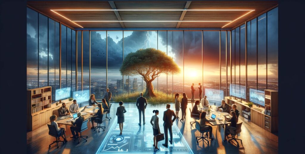 A wide image designed for a blog, depicting a modern office scene at dusk with small business leaders gathered around a holographic table, focusing on crisis strategy and business resilience. Large windows reveal a resilient tree outside, standing strong against a stormy sky, symbolizing strength and endurance. The leaders, diverse in appearance, are engaged in a collaborative discussion over charts and strategic plans, embodying determination and unity in building business resilience.