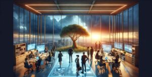 A wide image designed for a blog, depicting a modern office scene at dusk with small business leaders gathered around a holographic table, focusing on crisis strategy and business resilience. Large windows reveal a resilient tree outside, standing strong against a stormy sky, symbolizing strength and endurance. The leaders, diverse in appearance, are engaged in a collaborative discussion over charts and strategic plans, embodying determination and unity in building business resilience.