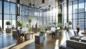 A modern, health-conscious office space with ergonomic furniture, plants improving air quality, employees using wearable health devices, and safety wellness signs, under natural light with a dedicated area for health and safety training.