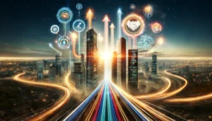 A wide, dynamic image illustrating Accelerated business growth through Strategic Business Partnerships, featuring two towering skyscrapers connected by a vibrant path adorned with symbols of unity and progress. The path showcases upward arrows, handshake icons, and interconnected gears, representing a solid Partnership strategy. Set against a backdrop of a rising sun, the image symbolizes new opportunities and prosperity, encapsulating the essence of success and advancement in the business world through cooperative efforts.