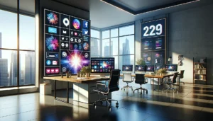 Modern office workspace with multiple screens displaying a cohesive brand experience. One screen features a vibrant logo, another showcases a website interface, and a third displays social media profiles, all illustrating brand consistency and multi-platform marketing.