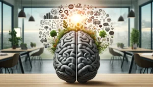 A wide, photorealistic image depicting a brain that embodies the concept of "Customer Feedback Innovation: Listen, Innovate, Grow." The left half of the brain is rich with symbols of growth—lush green plants and a sun rising on the horizon—while the right half is filled with icons of communication, including speech bubbles and feedback loops, alongside small gears and light bulbs. These elements blend together in the middle, representing the integration of a growth mindset with customer feedback to drive innovation in small businesses. The background softly focuses on a small business office setting, highlighting the practical application of these concepts.