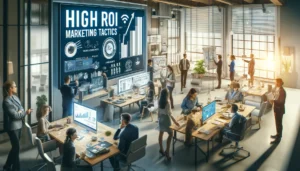 Photorealistic image of a diverse small business team engaged in high ROI marketing tactics. The scene shows professionals analyzing data, brainstorming on a whiteboard, and discussing marketing strategies in a modern, well-lit office environment, embodying cost-effective marketing and strategic planning.