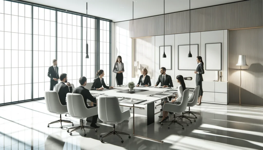 A diverse group of business leaders in a minimalist office setting, engaged in a meeting around a modern conference table. The room features clean lines, natural light, and a neutral color palette, embodying minimalist brand design principles.