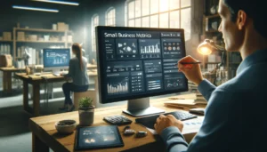 A small business owner analyzes metrics and performance indicators on a digital dashboard displayed on a large monitor, highlighting sales growth, customer satisfaction, and inventory levels in a modern office setting.