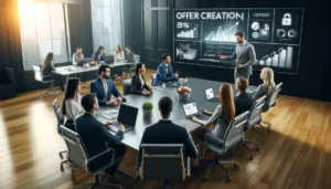 Photorealistic image of a diverse marketing team discussing offer creation strategies around a conference table, with digital screens showing conversion tactics in a modern, well-lit business environment.