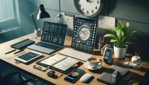 Photorealistic image of a modern office desk equipped with productivity-enhancing gadgets such as a smartphone, laptop, and smartwatch, all displaying productivity apps. A large wall clock shows early morning time in the background, with a planner open to a carefully scheduled day, a cup of coffee, and a small green plant on the desk, illustrating time management for entrepreneurs and entrepreneur efficiency.