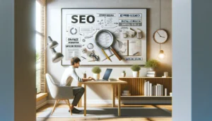 A photo-realistic wide image of a small business owner sitting at a laptop, focused on simple SEO strategies. The scene includes notes on keyword research, on-page optimization, and backlink building, highlighting effective SEO strategies for visibility. The setting is bright, inviting, and professional, embodying a clear atmosphere for small business owners looking to improve their SEO.
