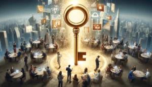 An image showcasing the concept of Social Proof Marketing with a large, realistic golden key at the center, symbolizing the key to success in enhancing credibility and trust-building. Surrounding the key, diverse groups of people are actively engaged in conversations and interacting with smartphones and tablets displaying social media icons and statistical charts. The background features a detailed cityscape of modern skyscrapers, representing growth and innovation in a business context.