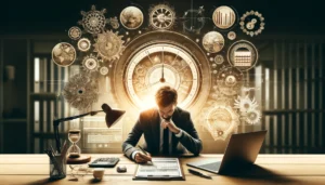 An image illustrating time management for entrepreneurs, featuring elements like a clock, a calendar, a focused individual at a desk, and symbols of productivity. The image conveys efficiency and organization, reflecting key productivity strategies for entrepreneur efficiency.